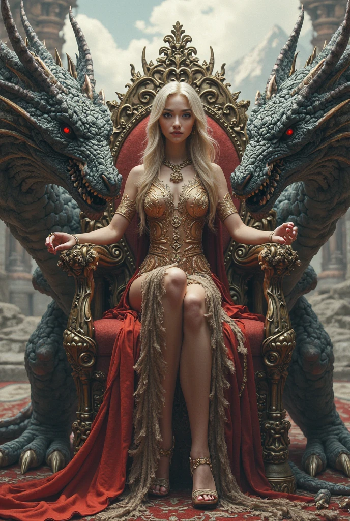 ultra realistic, photography, long white hair, girl, 24 years old, hourglass figure, perfect body, small breasts, Flirty look, she is sitting on a throne, wearing a gold dress, destroyed city in the background, the city is in flames and destroyed, (full body shot:1.1) photorealistic image of a (sitting pose:1.1) woman, full body, wide angle, wide angle shot, her pet dragon at her feet, a bow and arrow next to her throne