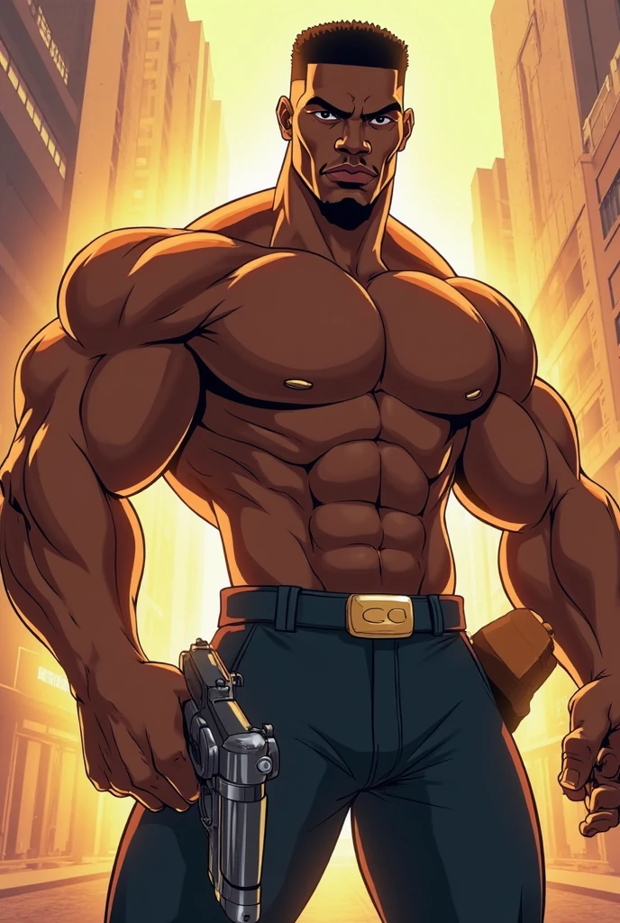 Tall black boy, muscular body and serious anime style