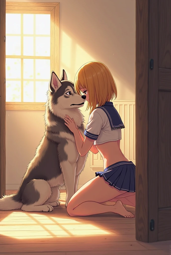1girl, feminine, on stable floor, background, behind school, outdoors, skirt, blush, blonde hair, (detailed pussy), big butt, nude, flat chest, (sweat), pussy juice, on all fours, (canine penis in pussy), sex, view from side, (wolf mounting girl), dog dick, detailed pussy, ((shadow of a wolf covering girl)), trees, grass, hot breath, moaning, open mouth, ((motion lines)), thrusting, dimmed lighting, feral wolf, animal, (bestiality), on all fours, doggystyle, young girl, girl is about 9 years old, wet tongue, motion lines, top down ass up, girl is blushing, rough sex, dominant wolf, submissive girl, growling wolf,