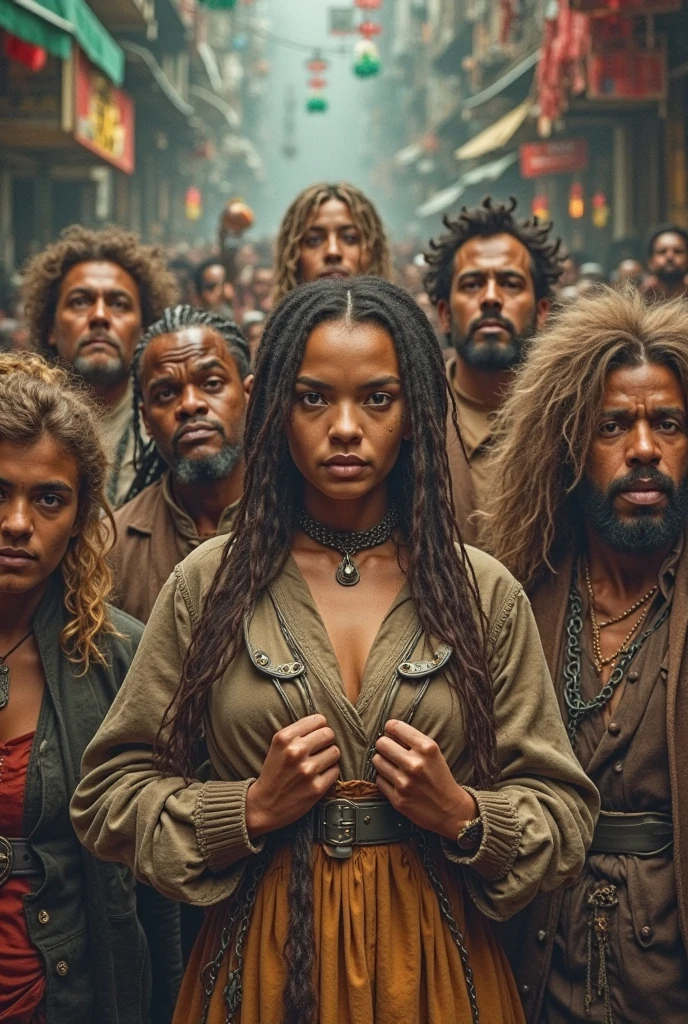 Realistic cinematographic photography of Aztec people looking with a look of rejection, anger and envy at a beautiful, sad, dark-skinned woman sitting hidden among her blankets