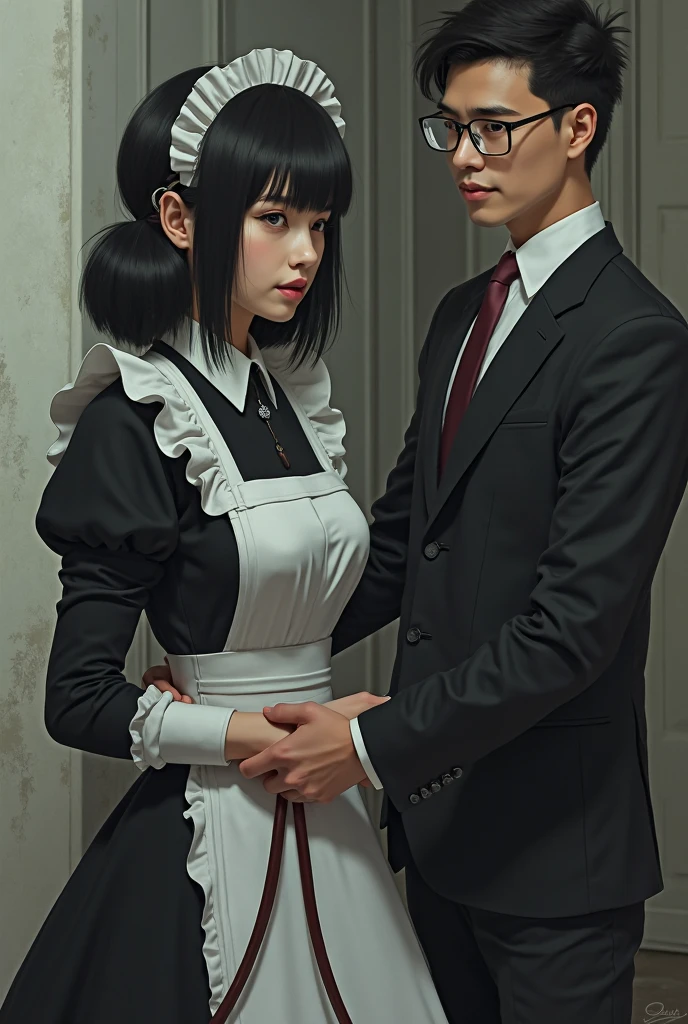 couple kissing, beautiful korean woman in an apron, photo of (raw photo:1.2), (photorealistic:1.4), (Kpop idol), korean, beautiful, shiny skin, oil skin, white skin, whiter skin, long hair, full body shot, (((naked apron))), (((shirtless black man in shorts))), (((bedroom))), (((breast nipples)))