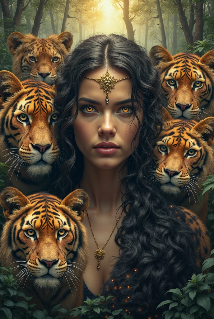 Sensuality and mystery: (linda mulher morena suando, olhos azuis e seios grandes, corpo inteiro, roupas transparentes, correndo no deserto com um tigre ao seu lado. (((Pele de menina suando muito))).), Star Formations, Alto Contraste , de Picasso, Gothic Revival Drama