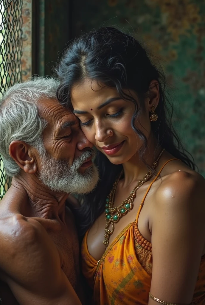 Indian old man and young indian traditional girl in bed. They are doing sex without any dress. Their body parts are visible. Old man pushing his cock inside her dick.