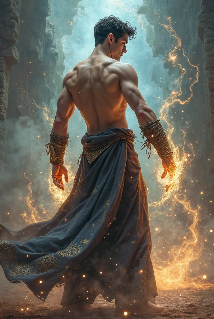 A boy with short brown hair, 22 years, elegant, well defined body, turning his back showing his firmness, big round butt, dressed as a sorcerer surrounded by a magical aura