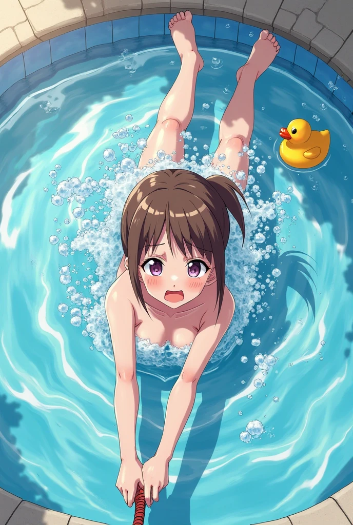 masterpiece, best quality, 1girl, brown hair, brown eyes, long hair, underwater, air bubble, solo, looking at viewer, swimming, dappled sunlight, bare breasts, (nipples: 1.6), cute girl, standing, cute face, sexy, full length, magic fire, bikini, embarrassment, slim girl, good anatomy, anime art, adult girl, without a bra, hot