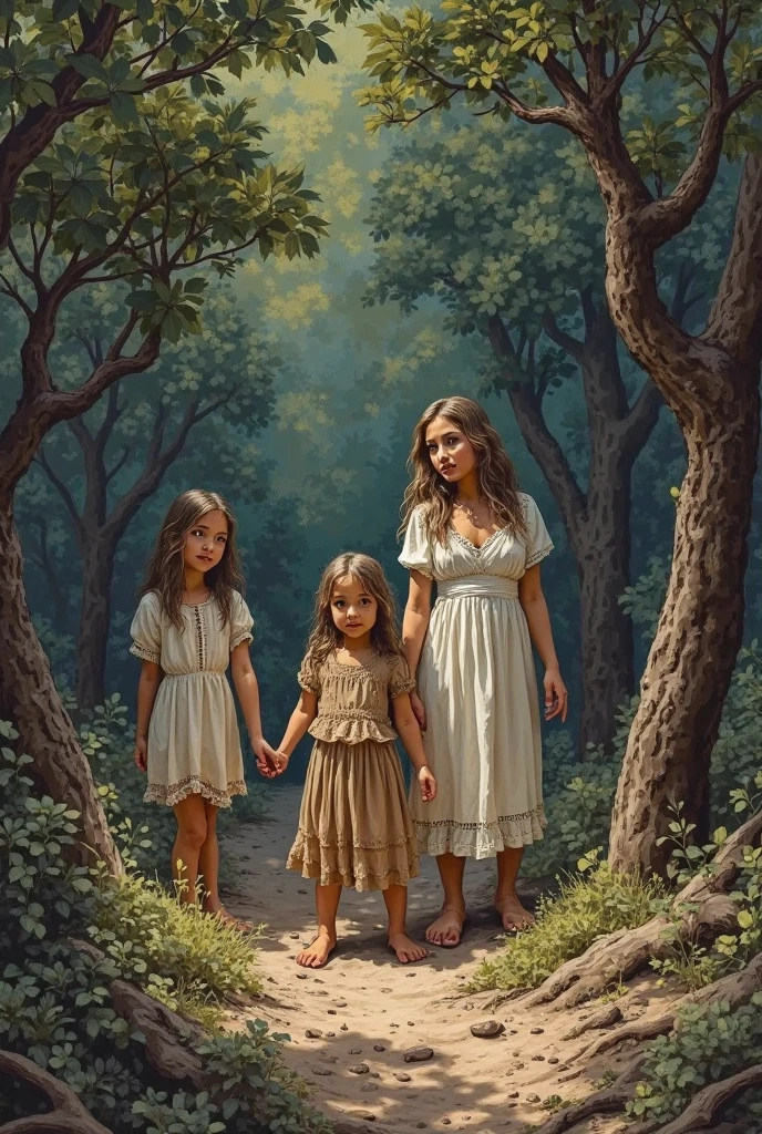 Femme nue en forêt devant sa famille 
