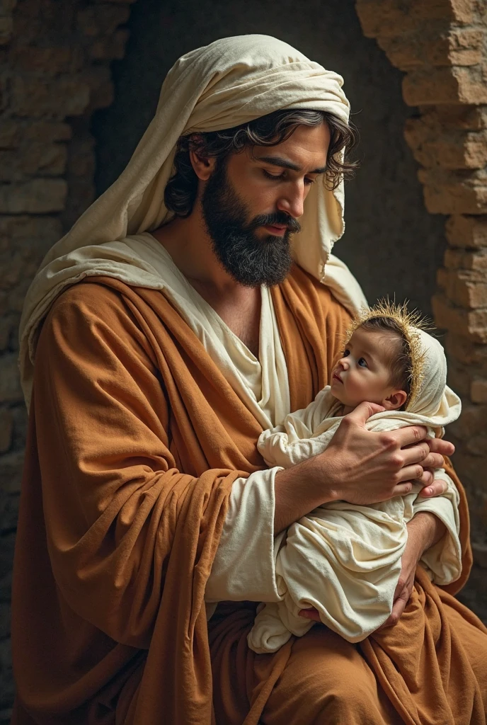 an extremely realistic photograph of a man with beard standing close to a young woman with white veil hugging a newborn baby Jesus,  and , THERE IS an ANCIENT CLAY  BIBLICAL oil FLAME, illuminating her pale face and casting shadows on the brick walls of a distressed stable, (Rembrandt Lighting), zeiss lens, ultra realistic, (high detailed skin:1.2), 8k uhd, dslr, Dramatic Rim light, high quality, Fujifilm XT3,