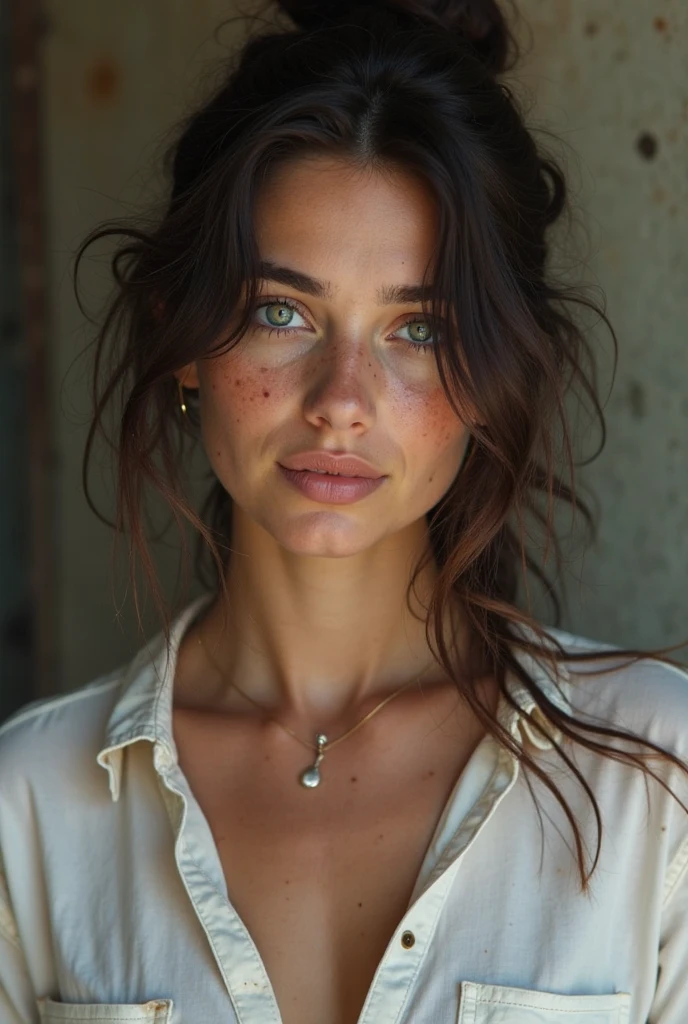 (masterpiece, photorealistic:1.4, extremely intricate:1.3, radiosity, photon mapping, dtx, 8K), ((((closeup necklace, white t-shirt, humid, [small breasts:small breasts:0.8])), humid, [skin detail:freckles:0.7], natural, 25 year brunette, brown eyes, supermodel), dark room, ((stone shower, glass shower, clean)))
