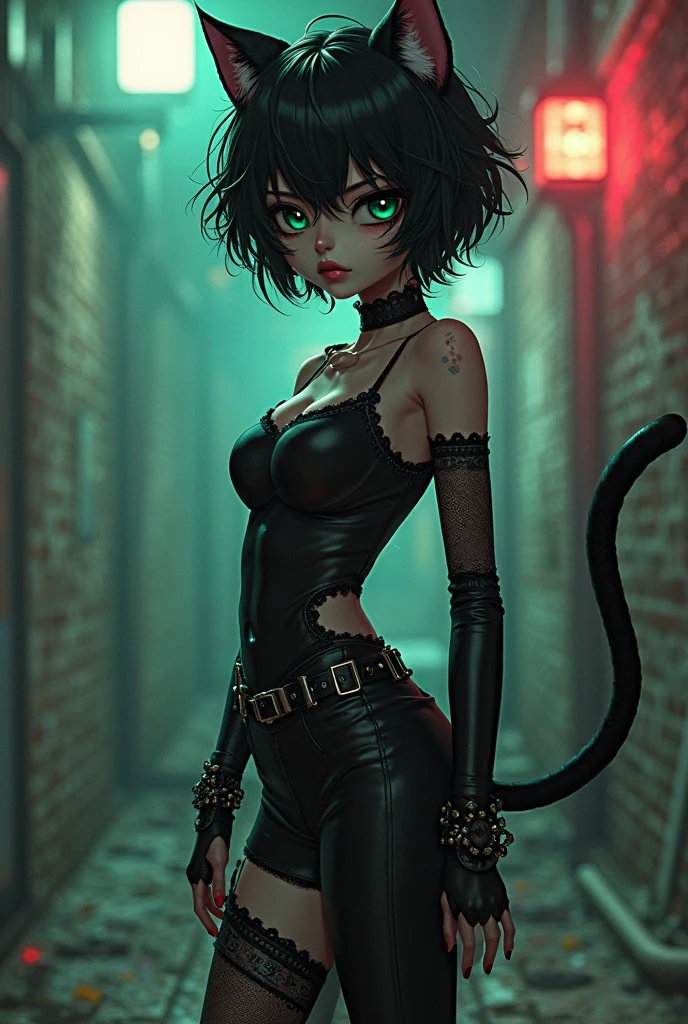 Girl doing bold pose standing, cat ears, seductive, medium breasts, cat syrup, black lipstick, black blouse dropped on the side, short and torn black shorts, black boot, black glove, short black hair, crepe fabric, attractive, all dirty with blood. (Warehouse at night, one in the morning, old and abandoned place, night, dust flying), (ambient lighting, masterpiece, posing for the camera, seducing, depth of field, 4K, 35mm lens, richness of detail). Hollywood Style