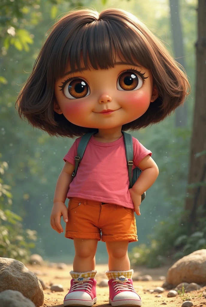 karikatur 3d, poto seorang wanita indonesia, rambut sebahu rapi, agak gemuk, berjaket hitam celana pendek, duduk sambil memegang kamera, camping ditengah hutan hujan dan ada pohon besar, dikelilingi banyak pohon dan burung, ultra hd, poto jelas