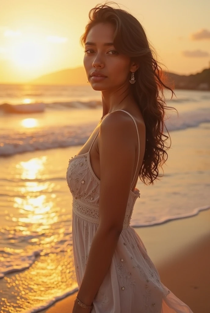 Brown woman with long brown eyes dressed in a long dress by the sea very pretty with a thin smile quite thin view of the whole body realizes