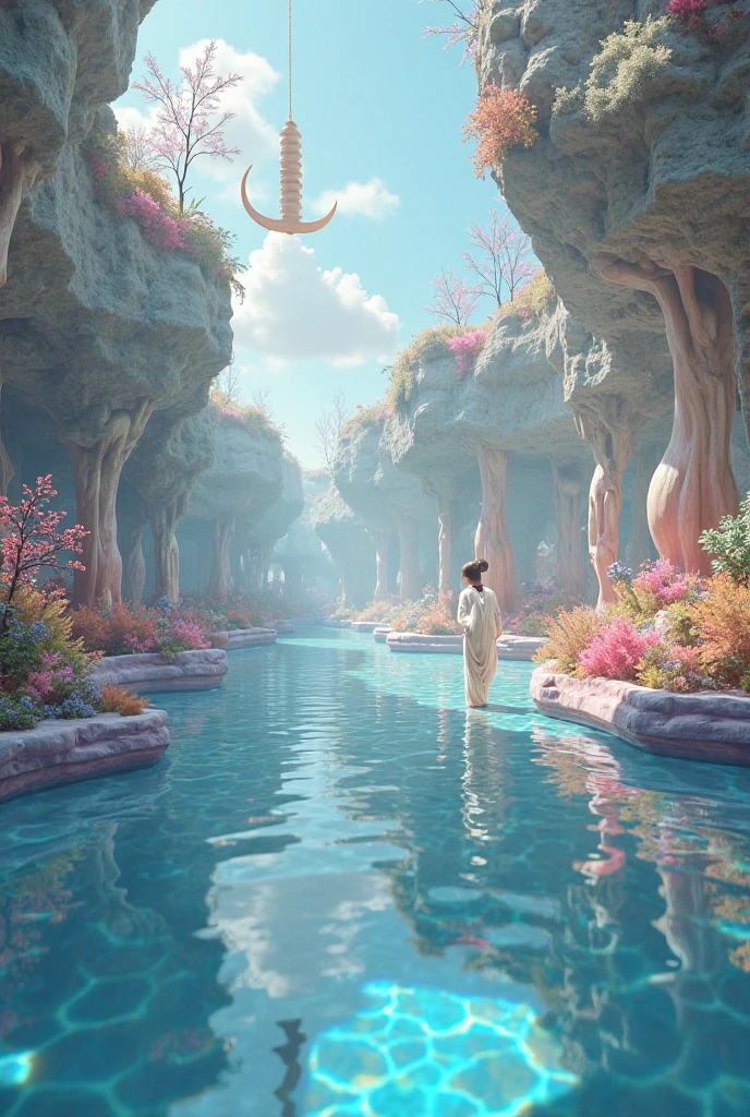 A female reptilian with a slender body and white scales, bathes in smooth water in a large pool made of rough diamond crystal in an octagonal shape, in the center of it a sacred tree that grew naturally,  with pink flowers and long branches that touch the pool water.
 This piacina is located inside a huge cave 