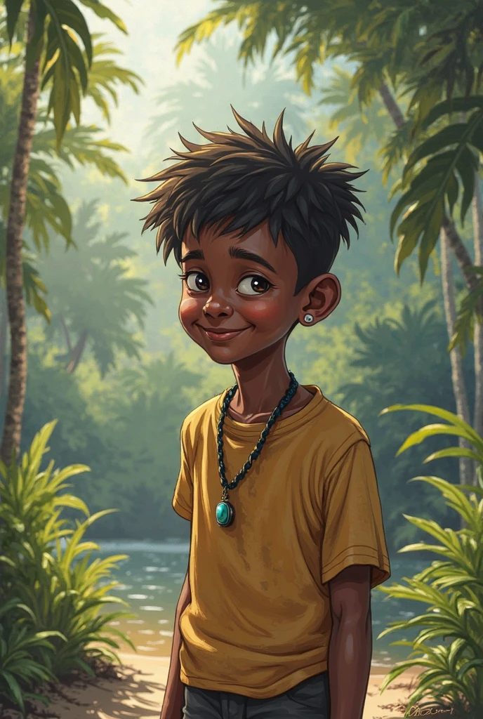 A dark-skinned boy with blue lines on his face and round glasses, with a enthusiastic expression,wearing loincloth , with a cartoon art style,comic, Whole body
