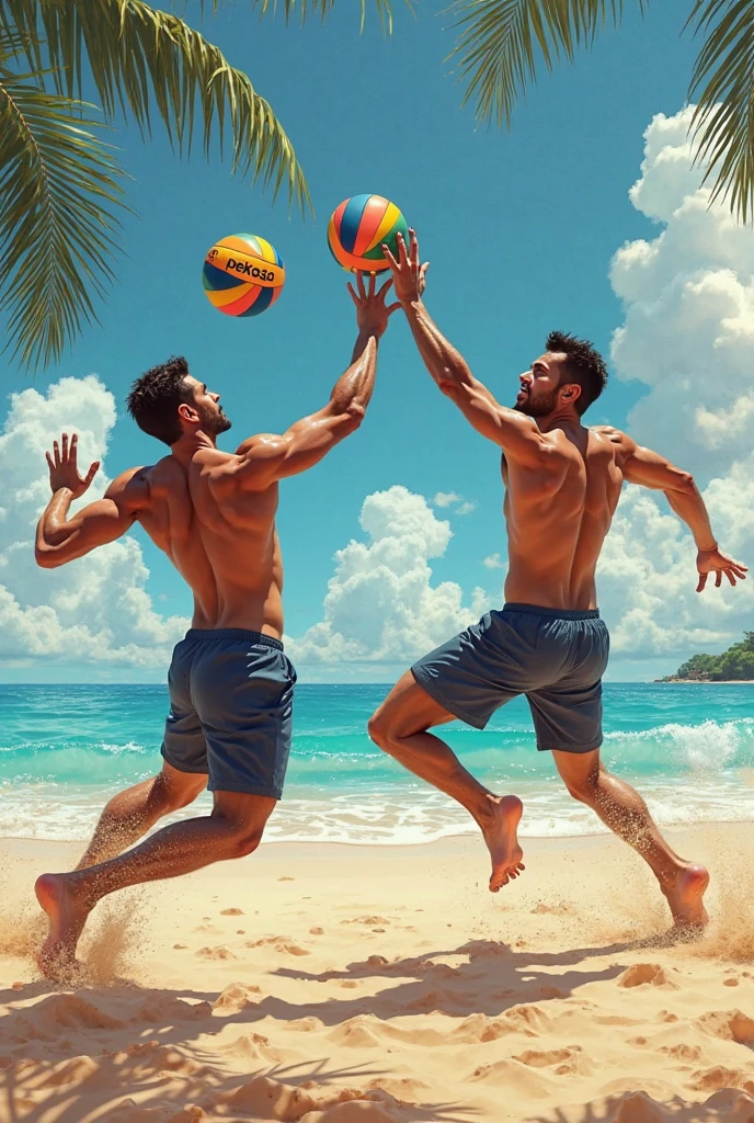 ((2heads)), Egyptian, blonde British man, 35 years old, handsome man ,1man ,beach Volleyball, sold out stadium in background,bulge