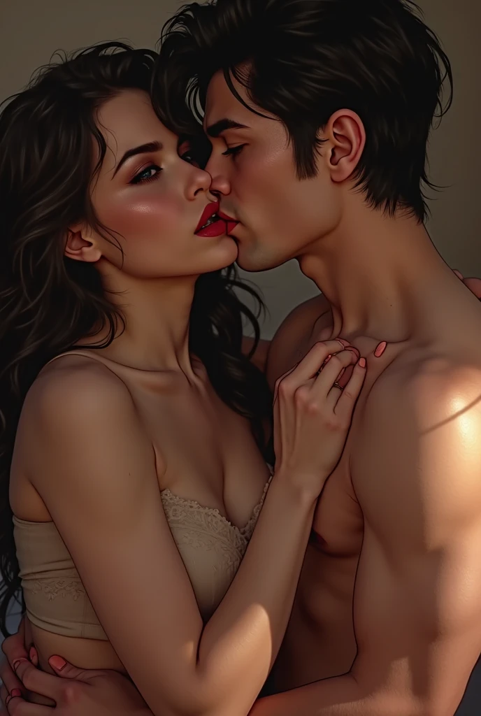 Beautiful girl, dark brown hair,big blue eye,huge breast, naked,on her knees with his dick in her mouth ,naked guy standing beside her
