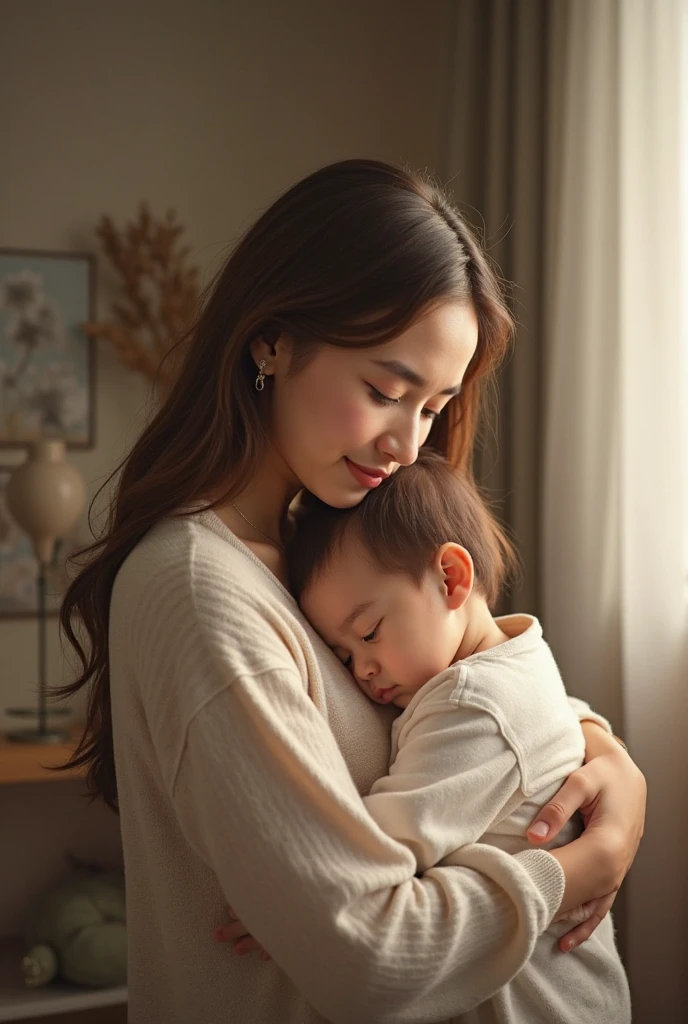 Mother holding baby , with cashew theme and accessories like cashew pacifier


