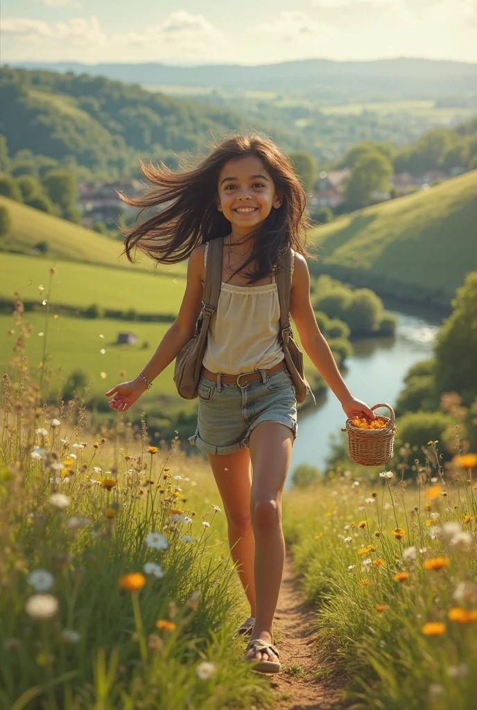 hope,A small child wearing a bag is in the field,sky,grass,good vibes