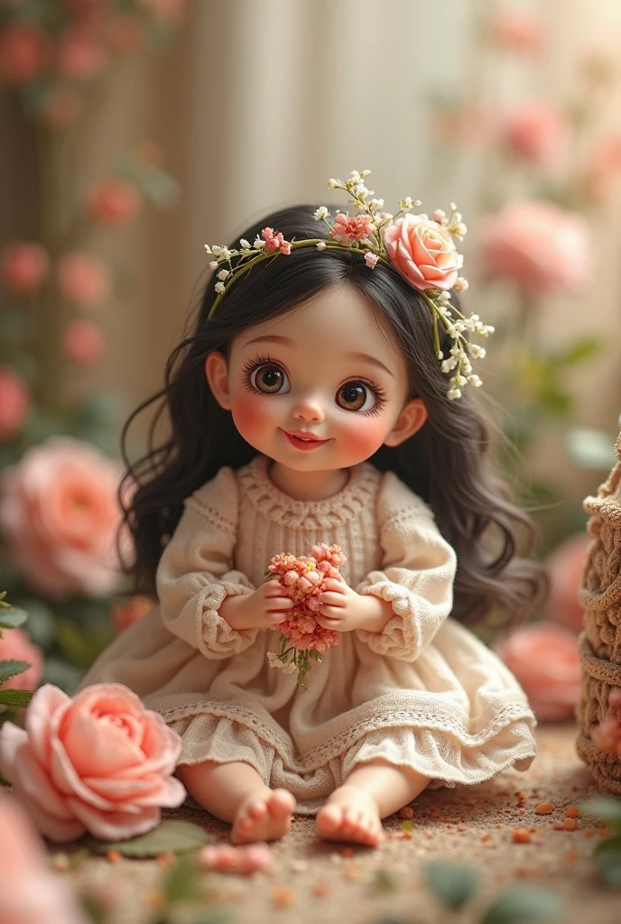Chibi girl smelling the scent of rose flowers、Jewel-like eyes、Take a super close-up shot of lips from the side、smile