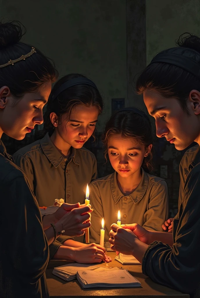 GOTHIC CHILDREN YELLOW CLOTHES with red candles.