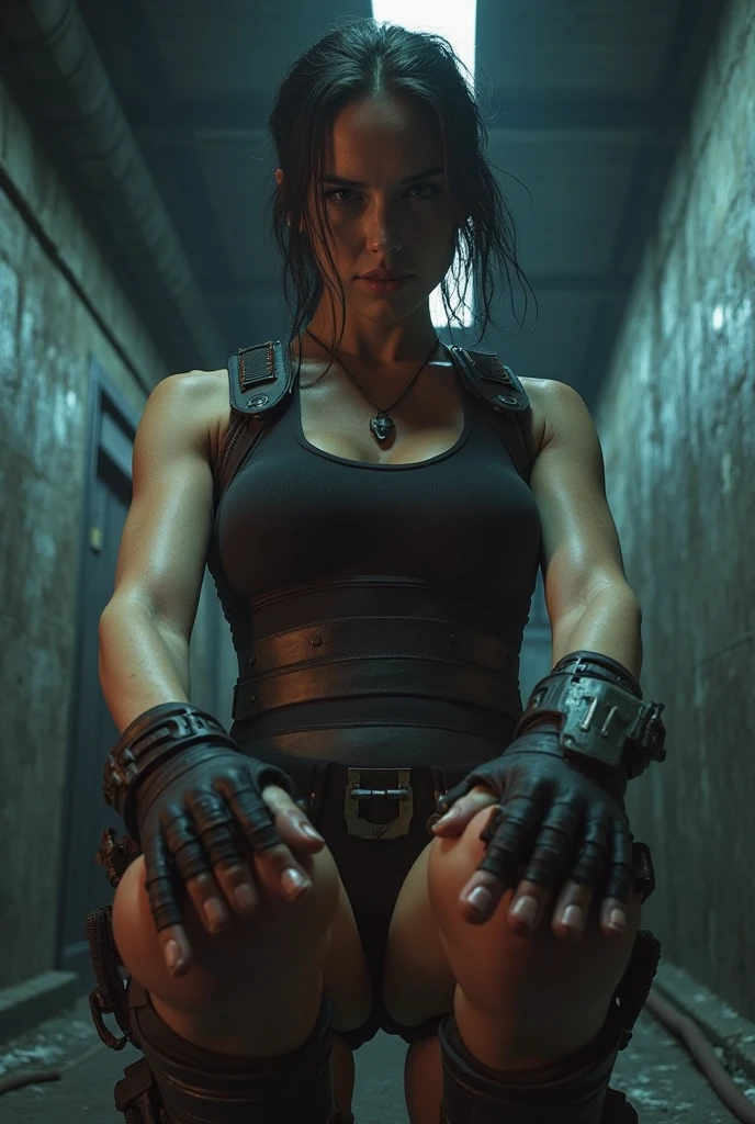 Claire in stocks pose,full body with cuffs, wearing a jeans and tank top,
