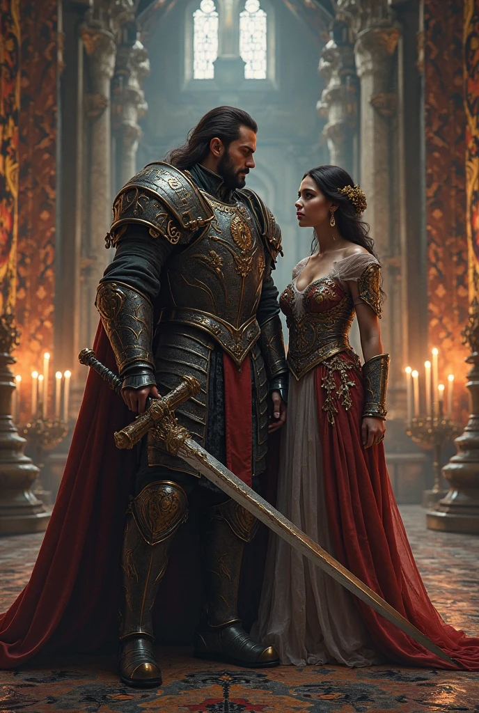 A woman with huge breasts next to a tall warrior with a sword with 1,80 inside a castle
