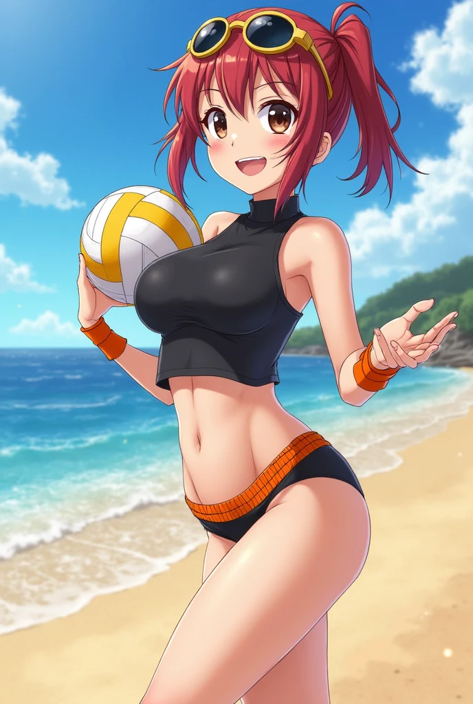 una chica deportista delgada de ojos azules y pelo rojo esta en un partido de voleibol en la playa con un bikini azul y en el partido al saltar para golpear la pelota calcula mal y la pelota la hace caer esto hace que se caiga en la arena y su bikini se desabroche y trata de cubrirse pero era muy tarde por lo que queda desnuda sonrojada y muy apenada
