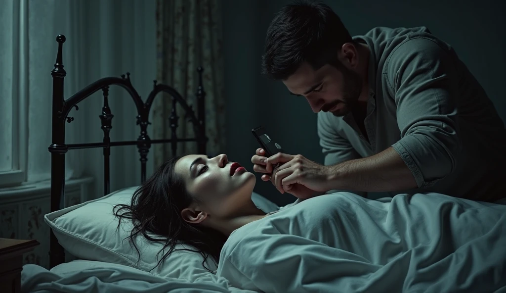 Un homme sexy avec des gants chirurgicaux courts blanc qui mets sa grande main sur la bouche d’une femme dans un lit pour l’etouffer et l’empecher de crier car la femme crie