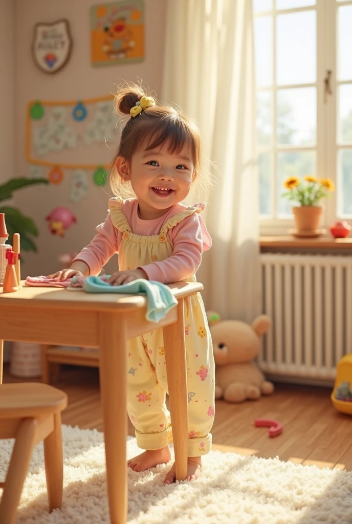 Create a UHD photorealistic image of a 22-month-old girl named Thaïs, no 3D style image, no animation style, no Pixar style animation, the girl is playing with charming toys in a colorful, inviting room. Captured with a 24mm f/2.8 lens to capture her natural charm and the vibrant surroundings. Ensure exactly five fingers, no 3D style image, no animation style, no Pixar style animation.
