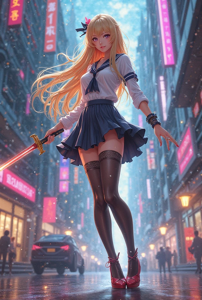 Best Quality, Realistic, Realistic, Award-Winning Illustrations, (Intricate Details: 1.2), (Fine Details), (Intricate Details), (Cinematic Light, Best Quality Backlight), Clear Lines, Sharp Focus, Official Art, Unity 8k Wallpaper, Ridiculous, Incredibly Ridiculous, Fantasy Art, RTX,long hair, 1girl, hair ornament, twintails, solo, breasts, blue eyes, cleavage, bow, bear hair ornament, necktie, blonde hair, smile, bangs, large breasts, looking at viewer, collarbone, shirt, nail polish, red bow, black shirt, underwear, bra, skirt, choker, black bra, sleeves rolled up, white necktie, red nails, open mouth, pleated skirt, red skirt, shiny, teeth, medium breasts, miniskirt, shiny hair, upper body, school uniform, pink hair, boots, upper teeth only, plaid skirt, blush, knee boots, plaid, black footwear, cross-laced footwear, junko enoshima