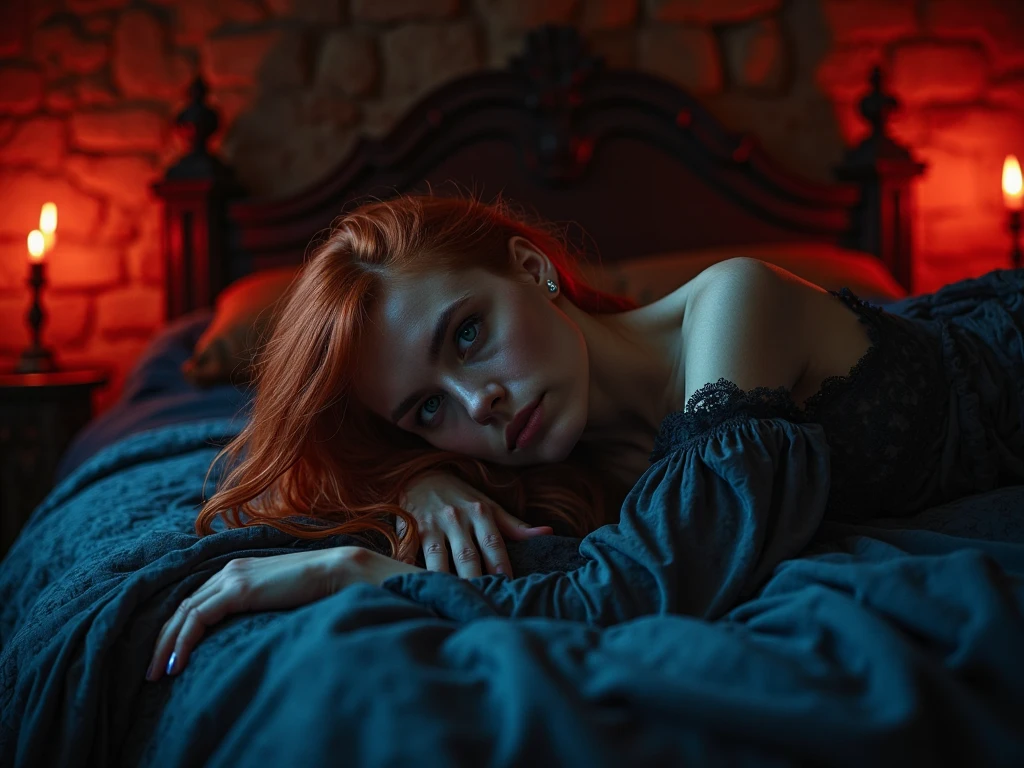 auburn hair girl with long straight brown hair, eyes with , without a cap lying on her back on a bed looking at the ceiling similar to Ariana Grenblaat. Red lighting in the room,skin texture,full body,from distance photoshoot,large breasts.