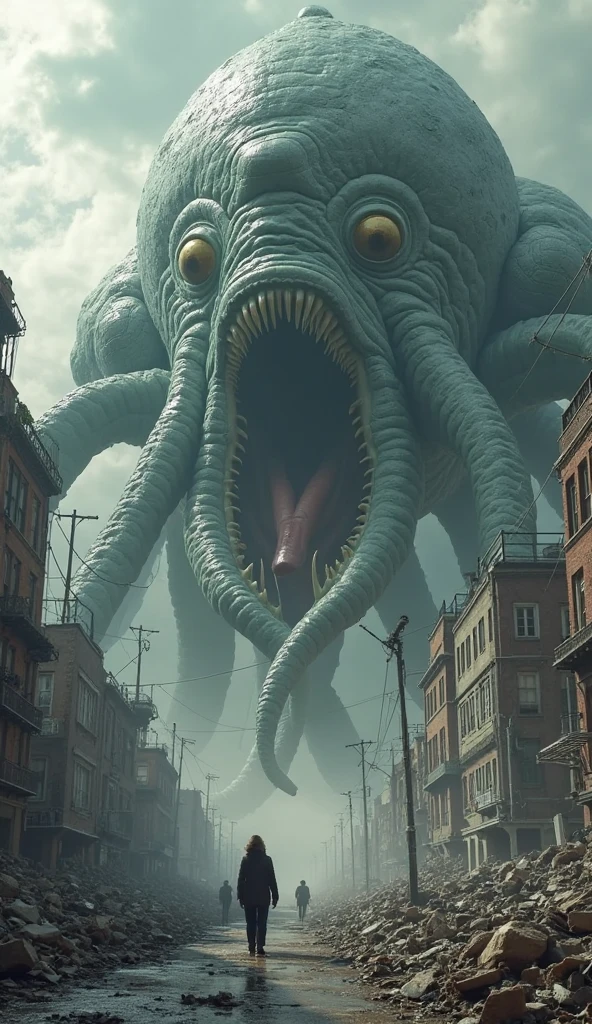 A colossal giant squid, its tentacles as long as skyscrapers, emerging from the murky waters of the ocean, its beady eyes glaring with a mix of rage and primal instinct. The squid has one of its mighty tentacles wrapped around the iconic Monas Tower in Jakarta, the symbol of the city's freedom struggle, and is in the process of toppling it. The monumental tower, a gleaming pillar of concrete and steel, bends under the unimaginable pressure, its golden flame at the top flickering wildly. The surrounding area is in chaos, with waves of water crashing into buildings, vehicles being tossed about like toys, and people fleeing in terror. The sky above is a tumultuous blend of dark and light, with storm clouds clashing with the fiery glow of the setting sun, casting dramatic shadows across the cityscape. The squid's skin is a mottled mix of deep blues and greens, covered in bioluminescent patterns that flicker ominously, creating an eerie light show against the backdrop of destruction. The creature's head is a nightmarish vision, with a beak-like mouth open in a silent scream, revealing rows of sharp teeth. The streets of the city are flooded, with debris and buildings crumbling into the water. The panic-stricken expressions on the faces of the citizens and the sheer scale of the giant squid dominate the scene, creating a stark contrast between the natural and man-made worlds in a battle for supremacy. The image captures the awe-inspiring power of nature and the fragility of human constructs in the face of the unknown depths of the ocean.