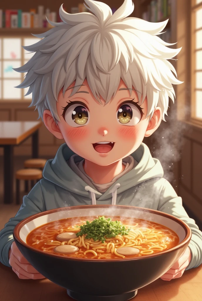 An image of a man eating noodles in white clothes and white hair with black details of sunglasses