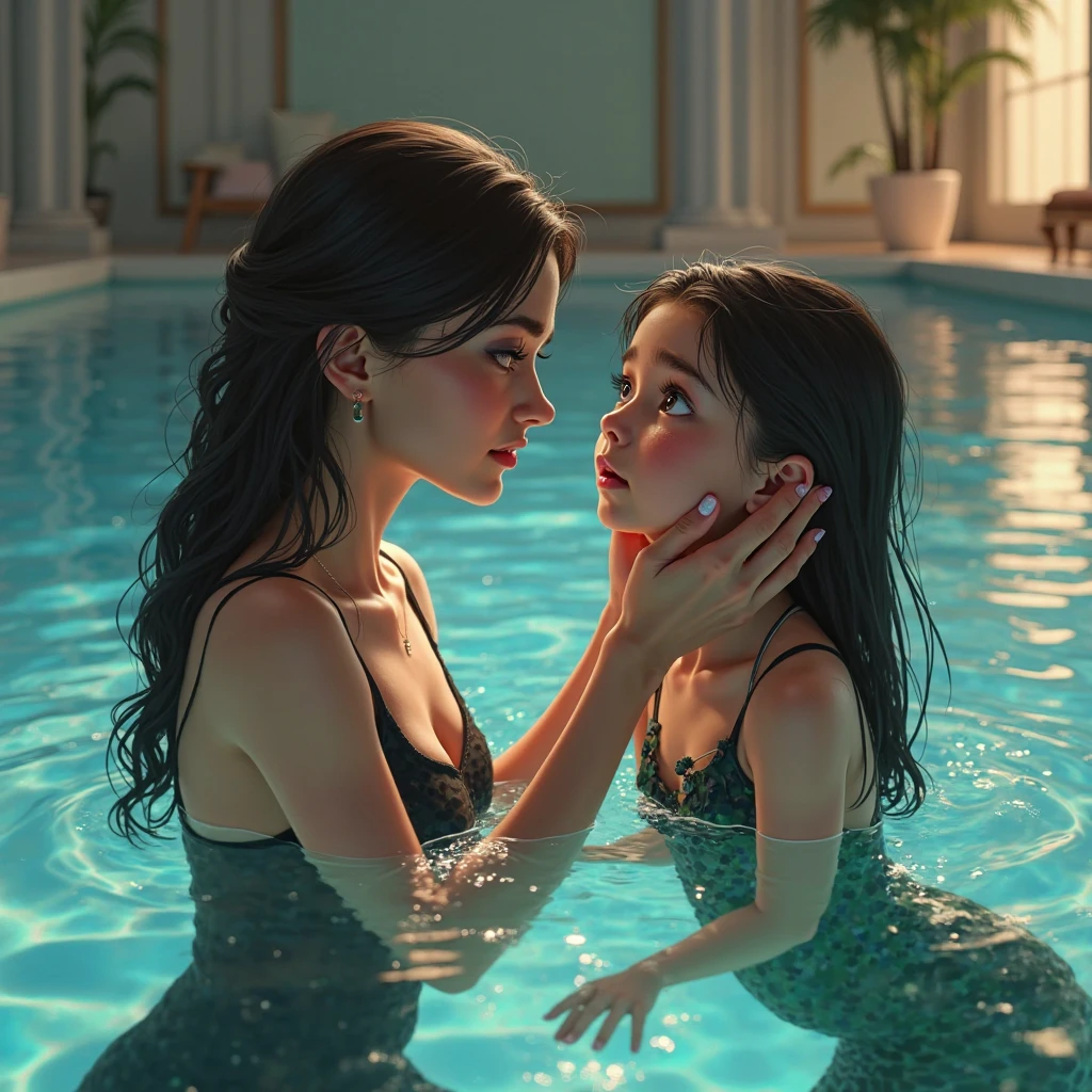 3 pictures of a girl named Lara, 12 years old, her hair is white, her eyes are blue, and she is wearing pink underpants (in the first picture, there is a person putting Lara on his thigh while she is mouth-to-mouth, and the person inserts his thumb completely into Lara’s mouth, and Lara is not wearing a t-shirt, only pink underpants (and the second picture is of Lara swimming in a pool while wearing Pink panties only, the details of her design are clear, and her breasts are pink (in the third picture, Lara is hugging someone) Make dividers between the pictures. They are three pictures with only one girl in it.
