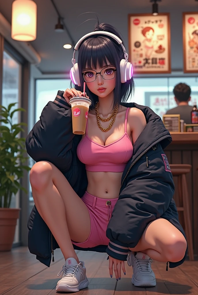 araffed asian woman, dark bob hair, dynamic hair, big brown eyes, pink lips, pout lips, white fair skin, lean body type, enjoy coffee, morning coffee, breakfast, in the balcony, pink cropped hoodie, open boob, lace underwear, hot pants, morning, background garden, garden