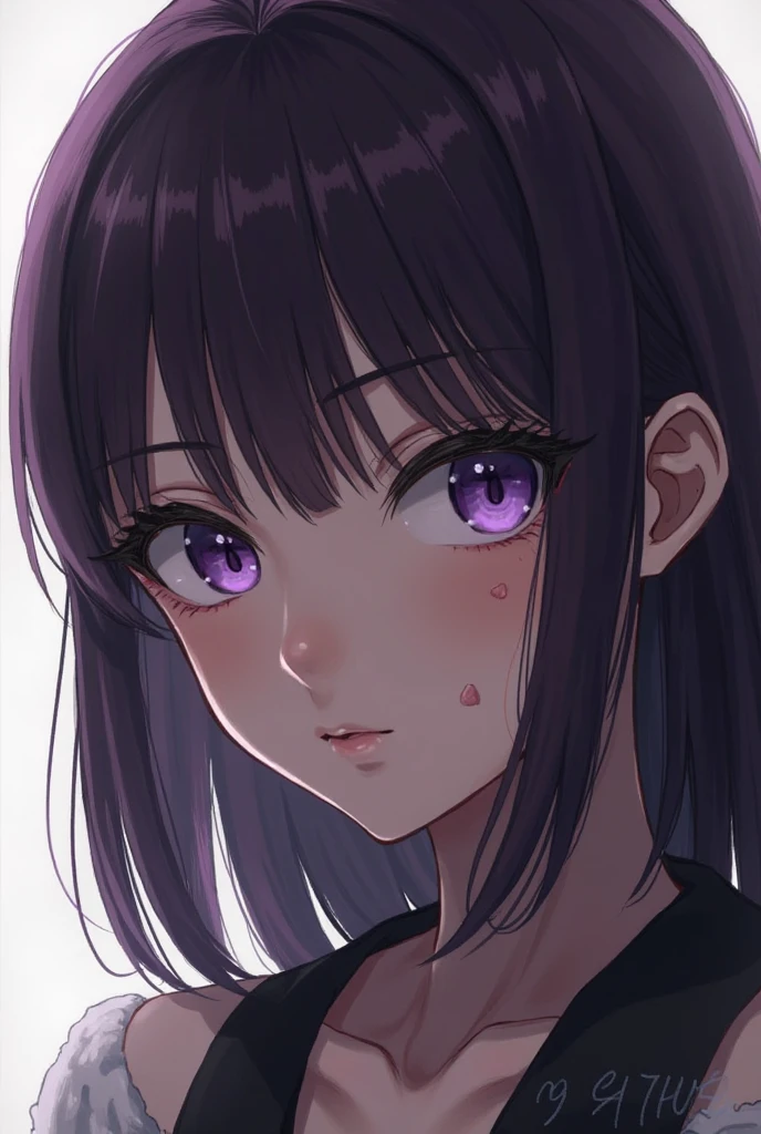 ((best quality)), ((masterpiece)), (detailed), perfect face. Asian girl. Purple hair. Purple eyes. T-shirt.