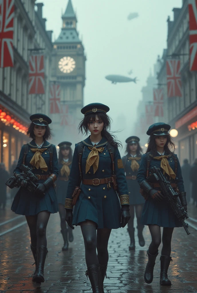 Severus Snape's daughter,11 years old,masterpiece, best quaility, 1girl, graf zeppelin, uniform, hat, iron cross,green eyes, black Hair , capelet, detailed clothing, detailed face, combat pose, gust of wind, vivid colors, highest resolution, wallpaper, professional illustration, realistic, intricate, ruins, highly detailed, landscape, dramatic lighting, cityscape view from harbor, daylight summertime, buildings, birds, looking from back, mountains, sea, flashlight, fire, fantasy, beauty, full body