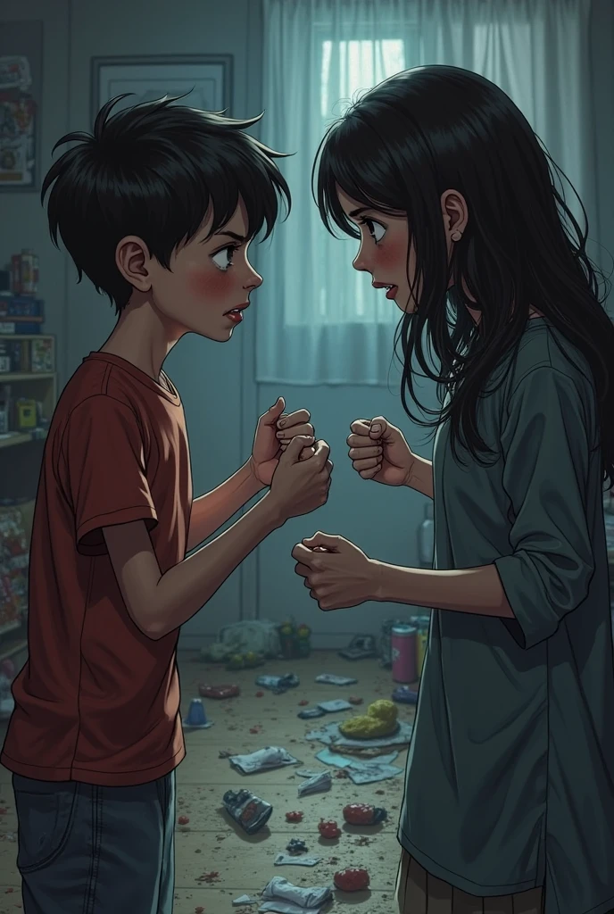 An elementary school student who gets scolded by their mother for bedwetting.、Schoolchildren are crying、A bed that has been wet with urine、Mom in her 40s