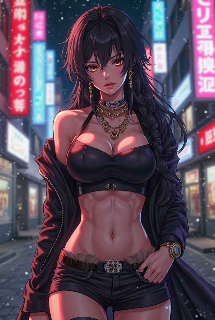 beautiful, (masterpiece:1.2), (best quality:1.2), perfect lighting, perfect eyes, perfect face, 1girl, bikini, bikini under clothes, black bikini, black choker, black gloves, black hair, black lips, black nails, black skirt, breasts, choker, cleavage, cropped jacket, cross, earrings, eyeliner, eyeshadow, fingerless gloves, gloves, hand on hip, highleg, highleg bikini, huge breasts, jacket, jewelry, lips, lipstick, long hair, makeup, microskirt, miniskirt, navel, open clothes, open jacket, red eyes, skirt, sleeves pushed up, solo, standing, striped, striped bikini, striped thighhighs, swimsuit, thighhighs, thighs, underboob
