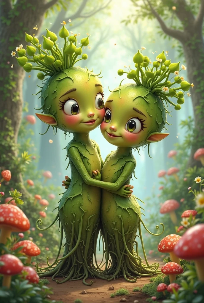 girl and boy as a plant, with plant like body happy and walking and white background