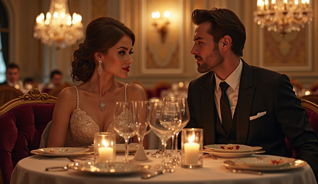 This international award-winning photo captures a handsome European man in a tailored suit on a date with a distinguished person, Rich woman looks beautiful in fancy dress, they are europeans, Sitting across from each other in a high-end western restaurant at night, Enjoy a warm and romantic candlelight dinner, Their eyes shone with affection, Reflect mutual affection and joy, Their whole demeanor radiates warmth, happy energy, Bokeh lights add glamor and sophistication to night scenes, Everything is drawn with a realistic touch, This work is reminiscent of the work that enters the highest levels of international photography competitions, (best quality,4K,8k,high resolution,masterpiece:1.2),Super detailed,(actual,photoactual,photo-actual:1.37),studio lighting,Ultra-fine painting