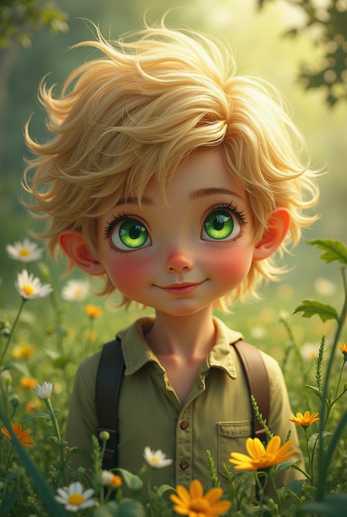 animation of a cute happy blond boy with 4 years old green eyes of various aspects and angles --auto