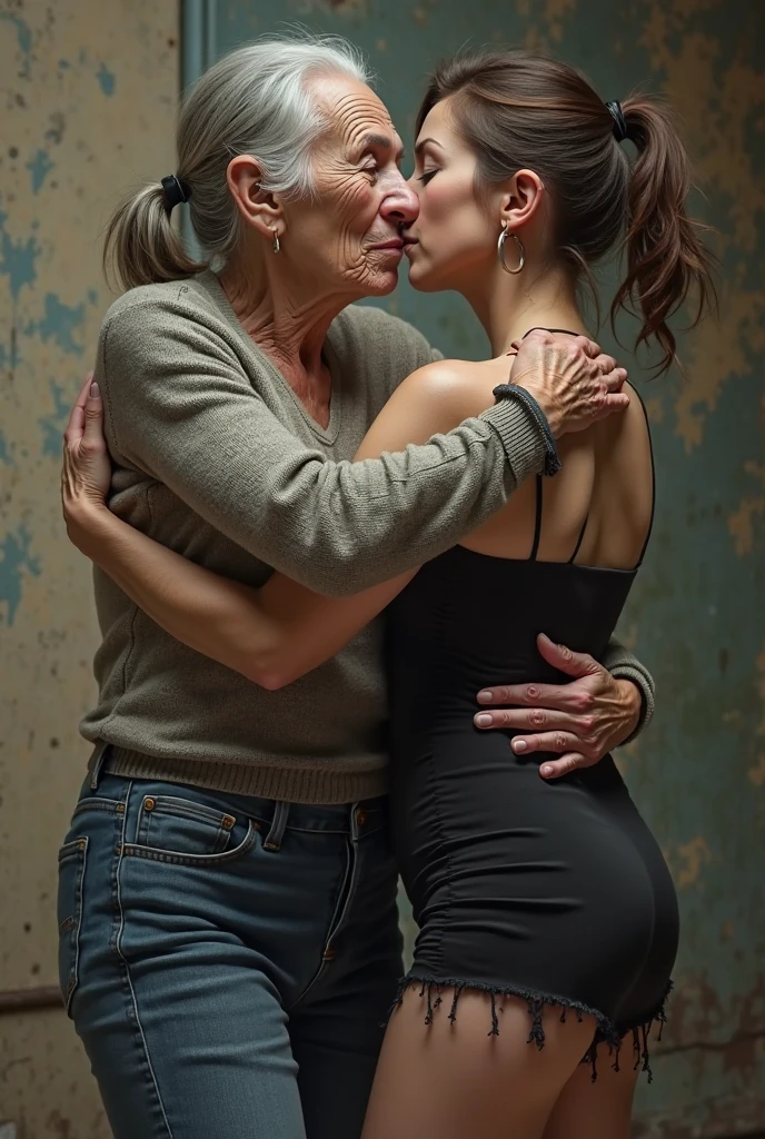 Create an image of a 35 year old adult woman, De pele clara, long brown hair, who's naked, wearing only black lace panties, and is being carried in the arms of a 90-year-old woman, that is fat, darkskin, who is wearing a flowery dress and glasses and is standing