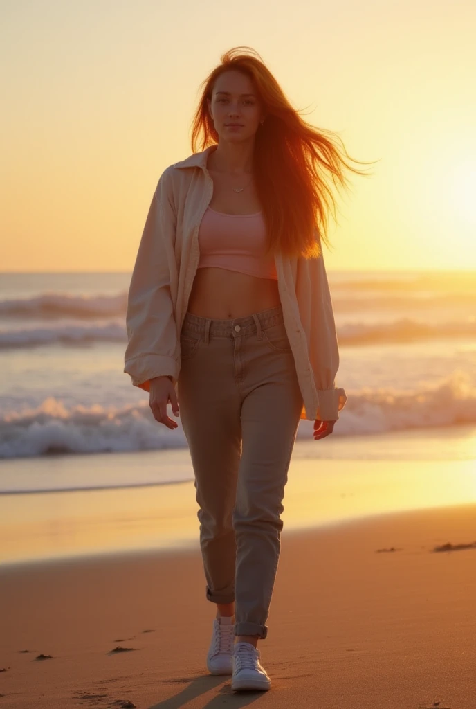 Masterpiece, (((full figure))) entire body in frame, (((magical lighting action shot))) (((beautiful slight smile anorexic pale goddess irrish woman standing on rocks overlooking kingdom high camera angle))), (((white pants, blue long sleeve shirt))) , (((long redhead hair))) sunset lighting, golden hour, golden colors, very detailed, dramatic lighting, digital art trending on Artstation 8k HD high definition detailed realistic, detailed, skin texture, hyper detailed, realistic skin texture, armature, best quality, ultra high res, (photorealistic:1.4), high resolution, detailed, raw photo, sharp re, by lee jeffries nikon d850 film stock photograph 4 kodak portra 400 camera f1.6 lens rich colors hyper realistic lifelike texture dramatic lighting unrealengine trending on artstation cinestill 800, (((accurate female anatomy)))