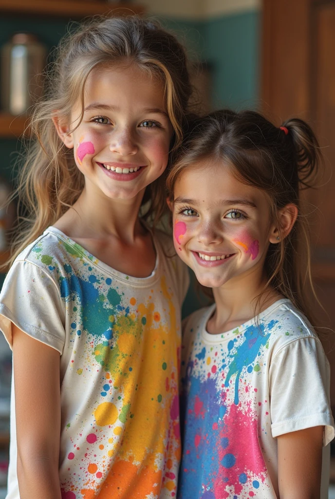 Nesta imagem, duas melhores amigas, Lily e Emily, they're having a great time in a pool full of colorful paint. Com grandes sorrisos em seus rostos, eles alegremente jogam tinta um no outro, Creating a vibrant and artistic pool party scene.