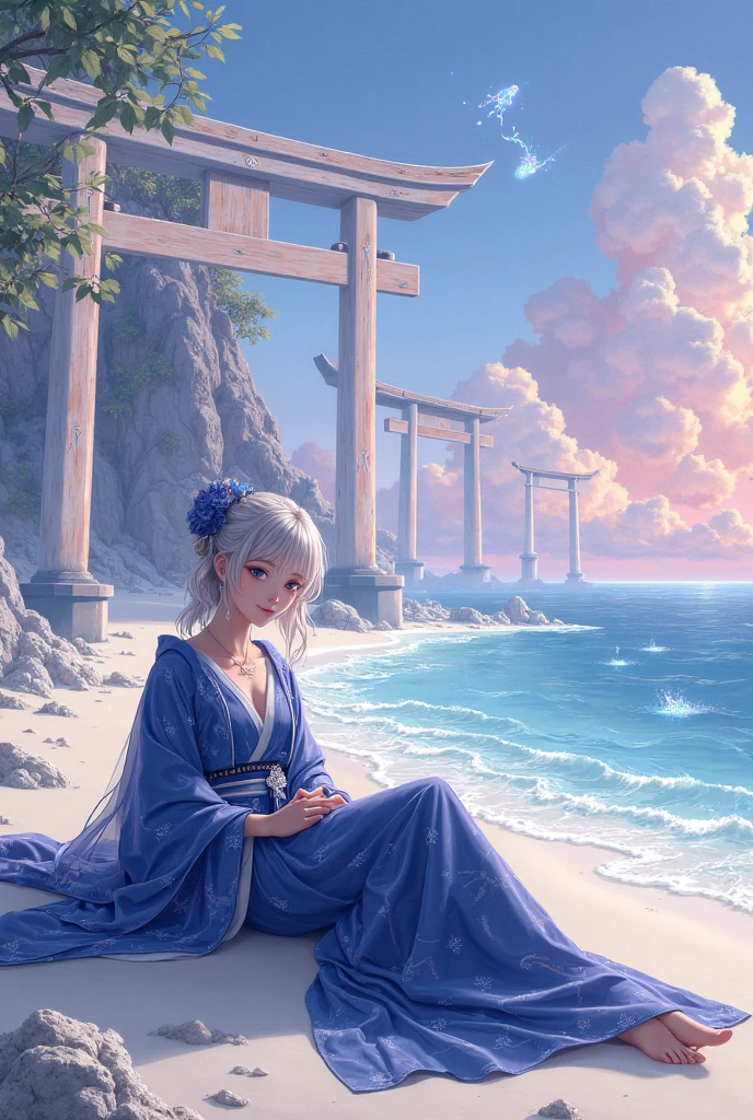 (​masterpiece, top-quality, Official art, Beautifully Aesthetic:1.2), (1girl in), highly detailed, Enchantress casting tempest when floating above ground, arms raised, figure leaned back mountain background, focused, nice shaped large breast, Soft expression; full body, long white robe