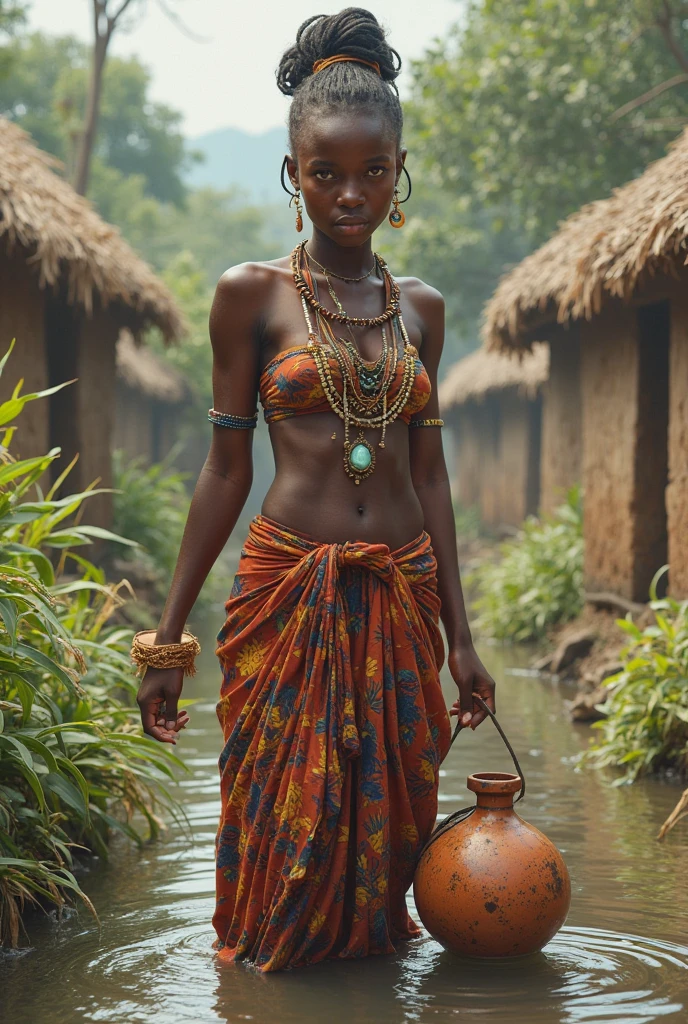 Generate a realistic and consistent image of Nma a very beautiful 28 years Nigerian princess, tieing rapper on her chest and waist decorated with beads on her hair and waist, fetching water from the village stream