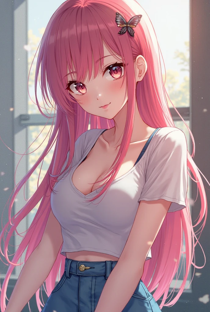 (1Girl, 18yo, ((messy pink hair)), she is a evil, bully and crazy character, she are smiling, pink slutry eyes, (wearing ((sexy)) tight jeans and white t-shirt)), ((school hallway background))