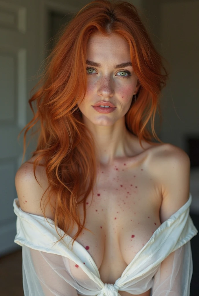Sophie Turner, (detailed face:1.2), red-haired, freckles, detailed light blue eyes, realistic textured skin, muscle girl, fitness body, busty, nude, (Full body:1.3), posing frontally looking at the viewer, vivid color, photorealistic, high quality, 8k, intricate detail,