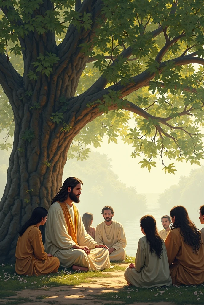A peaceful, yet joyful moment of Jesus sitting with a group of adults and children under a large oak tree in a lush forest. He is laughing with them, his eyes sparkling with joy. The people around him are engaged, smiling, and some are even leaning on him, showing their deep connection. The sunlight dances through the leaves, casting dappled light on everyone, while animals like birds and deer are peacefully nearby, enhancing the harmony of the scene. The background is filled with vibrant greene