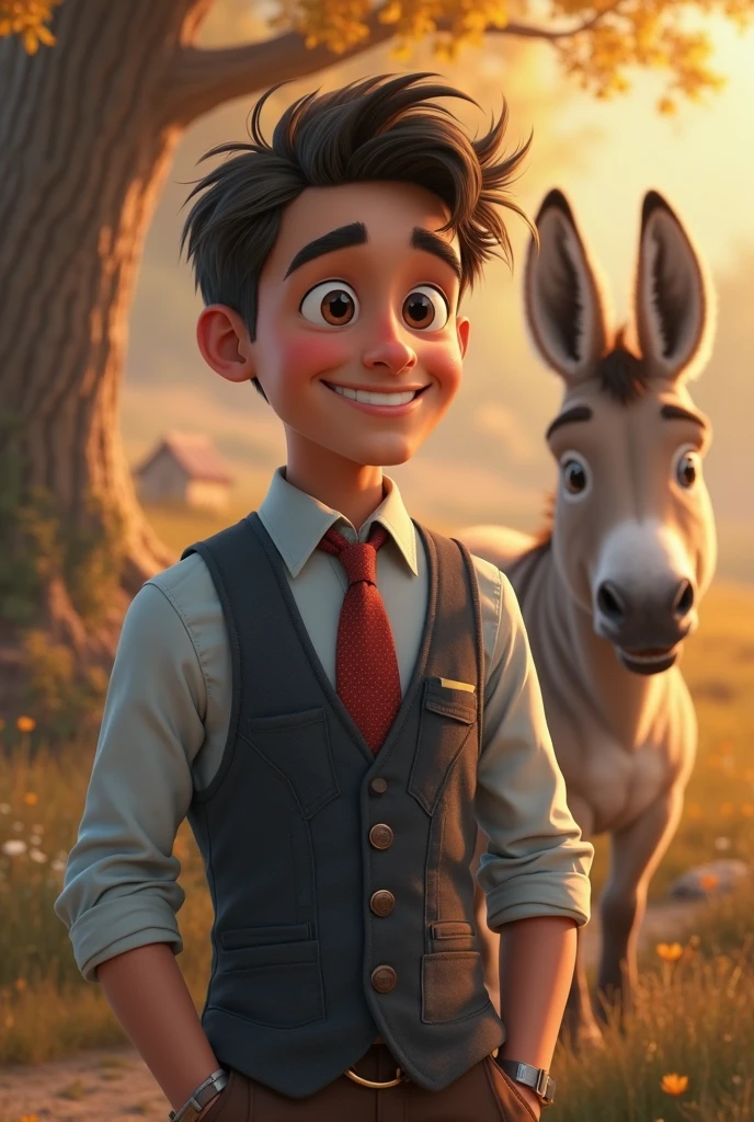 Young cute handsome beautiful 2 beardless taking perfect face next to him a donkey on a farm shirtless